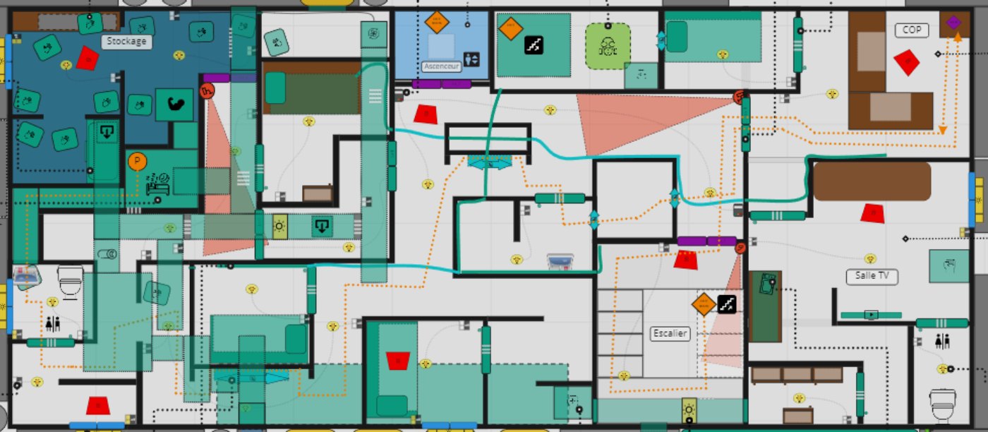 Plan de niveau annoté, circulations et zones de jeu