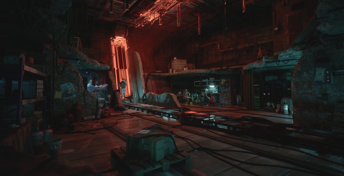 Environnement intérieur industriel éclairé en rouge et cyan, réalisé sous Unreal Engine