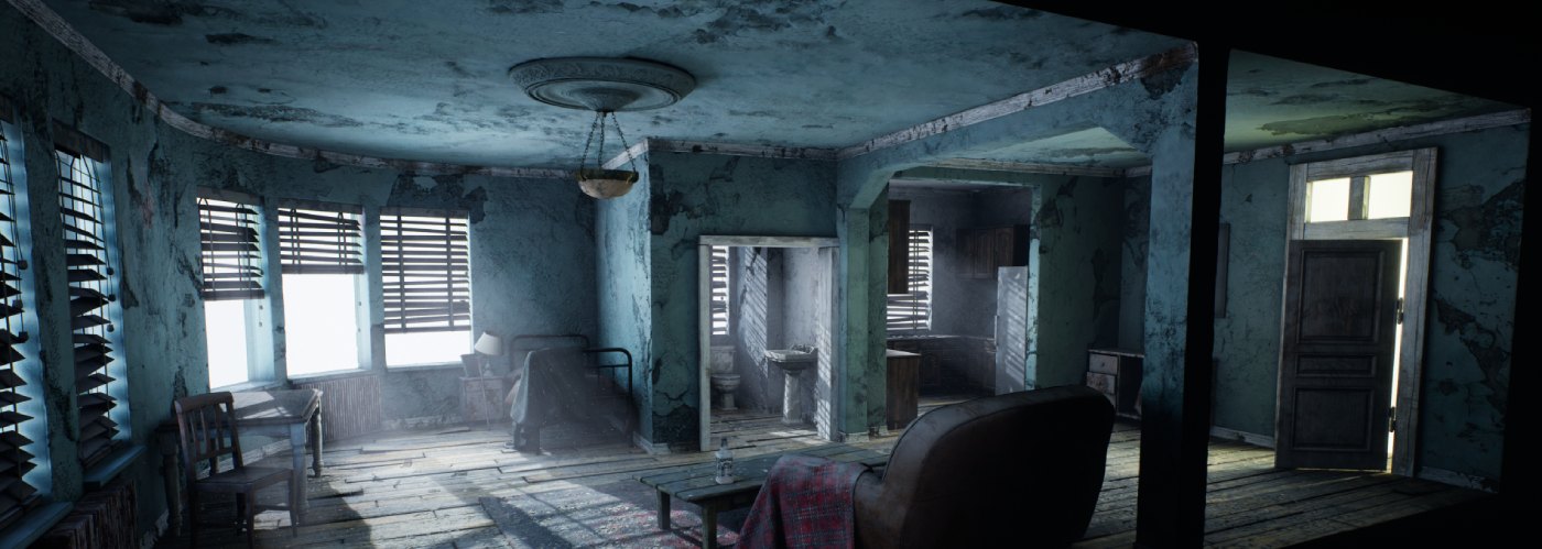 Appartement abandonné, lumière naturelle filtrée par des persiennes, sous Unreal Engine