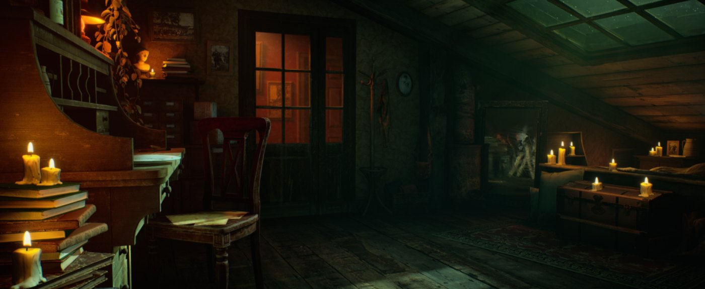 Grenier éclairé à la bougie, ambiance nocturne, sous Unreal Engine