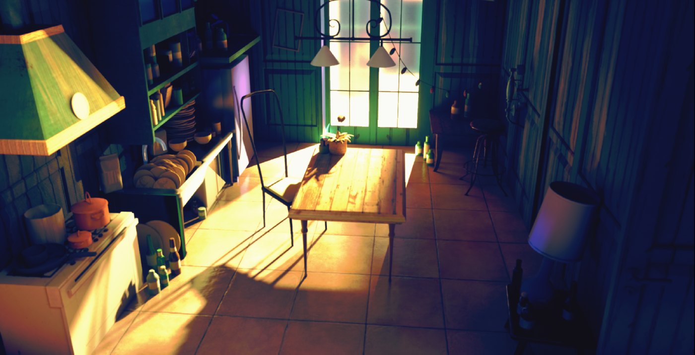 Cuisine ancienne en lumière rasante de fin de journée, sous Unreal Engine