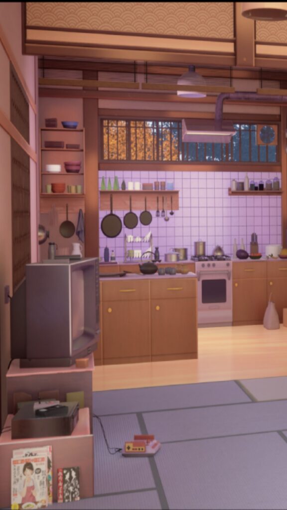 Cuisine japonaise en 3D de style animation, tatamis, console de jeu et automne à la fenêtre