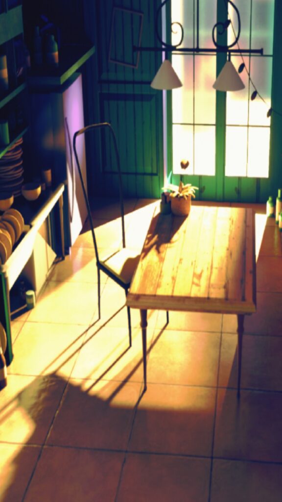 Cuisine de campagne en 3D, table de bois et volets verts baignés par la lumière du matin