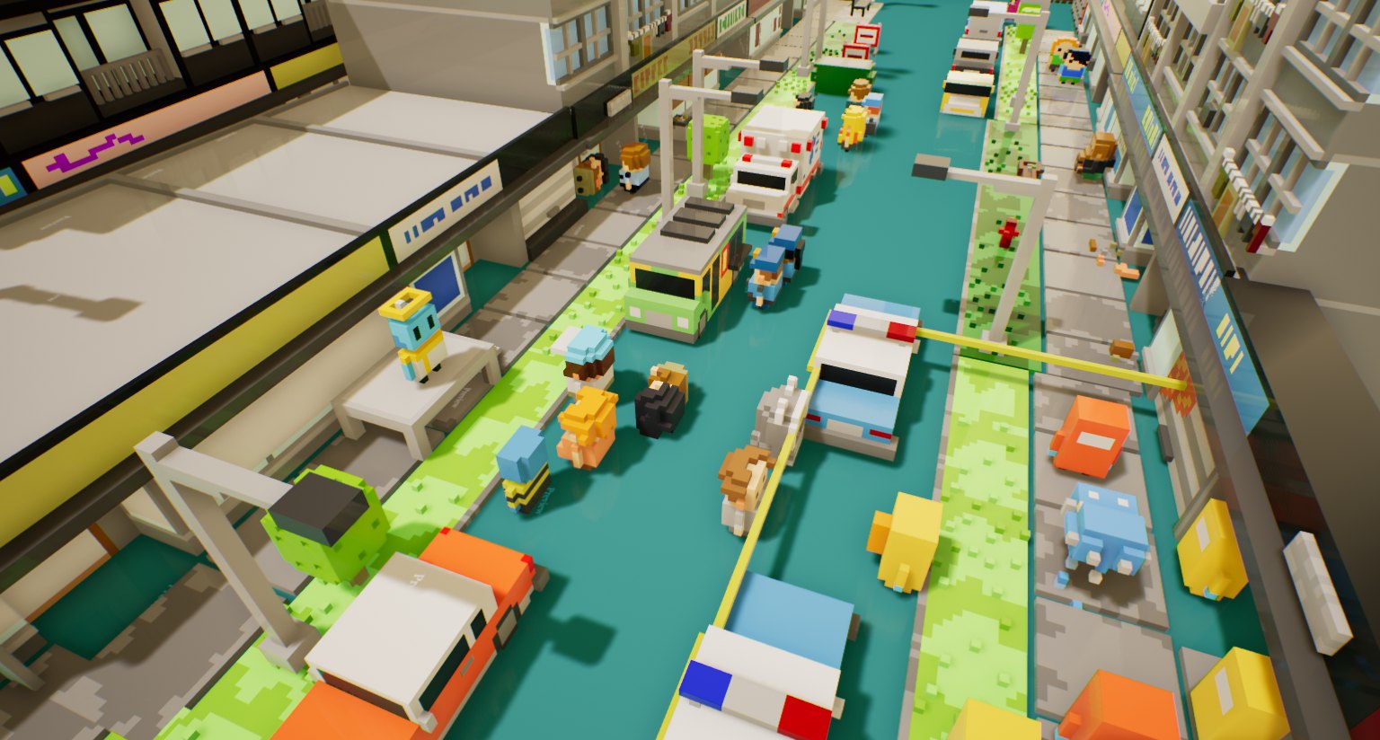 Rue d’une ville en voxels vue de dessus, niveau de jeu en cours de conception