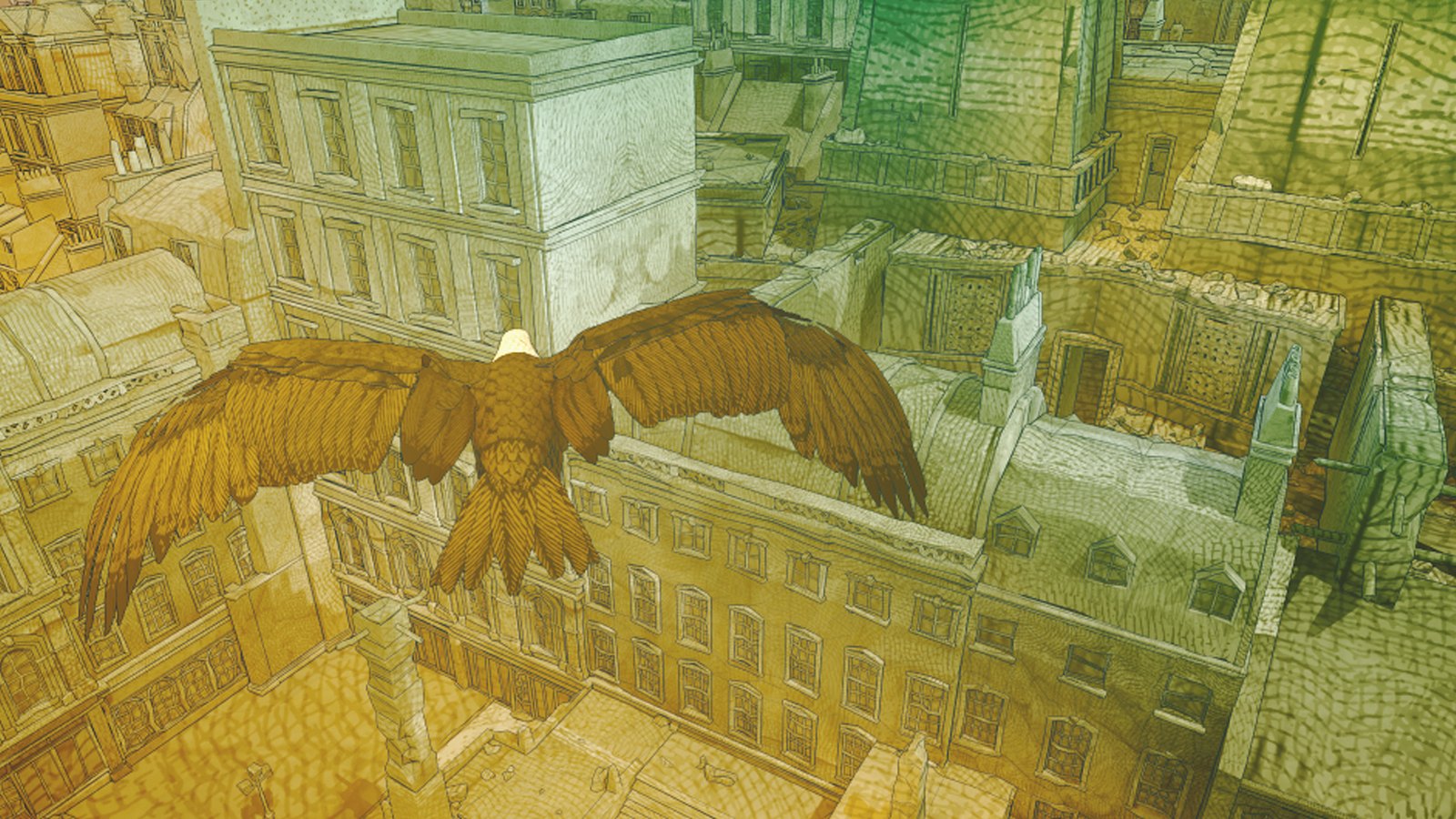 Aigle survolant une ville stylisée, séquence de jeu vue de dos
