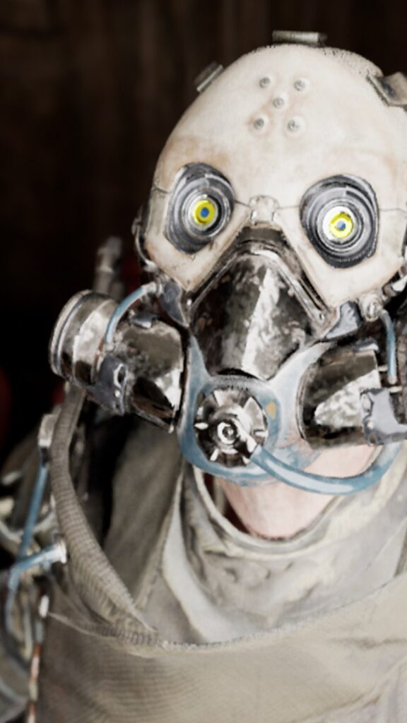 Personnage 3D au masque à gaz, casque clair et tuyaux d’alimentation, rendu en temps réel