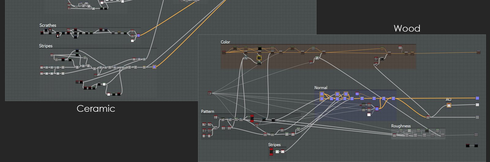Graphes de nœuds de matériaux céramique et bois dans Substance Designer