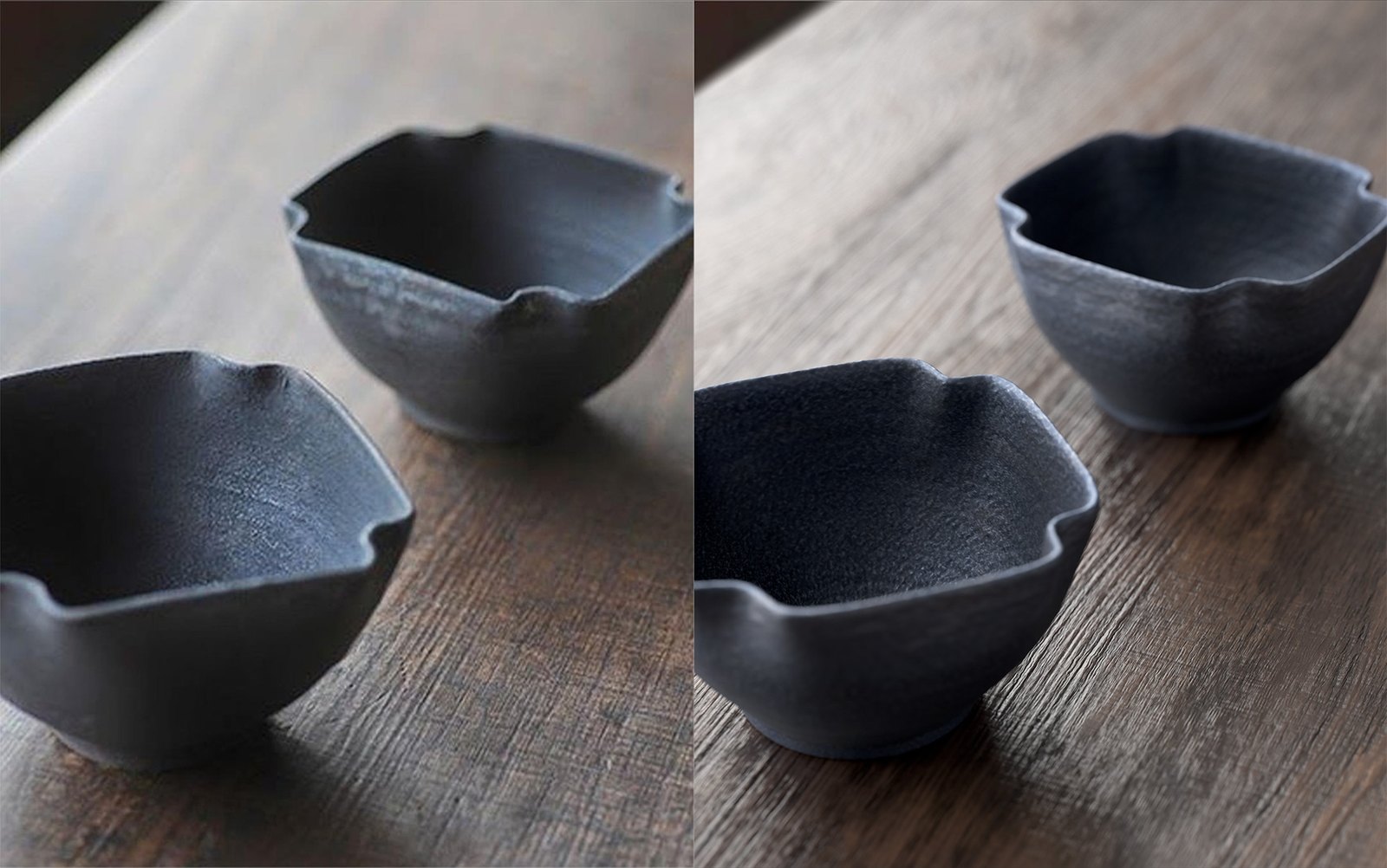 Bols en céramique noire : la photographie d’origine à gauche, sa version 3D texturée à droite