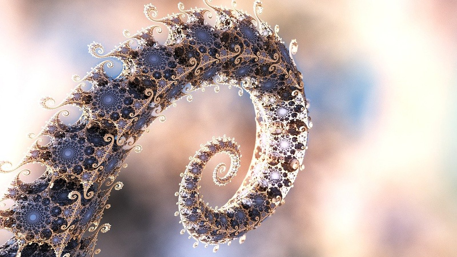 Spirale fractale générée par ordinateur, motif procédural doré et bleu