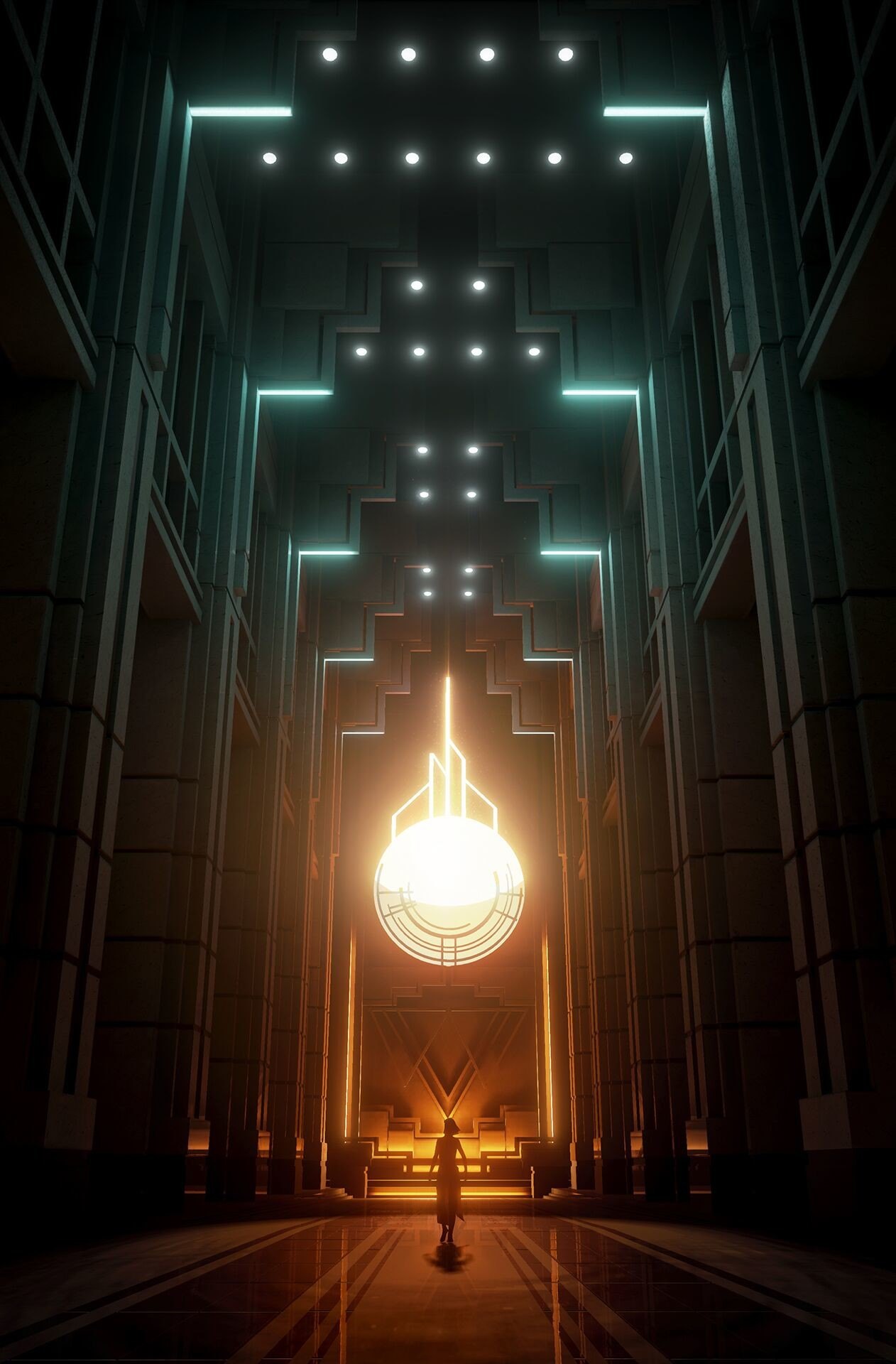 Hall monumental éclairé par une sphère lumineuse, rendu temps réel sous Unreal Engine