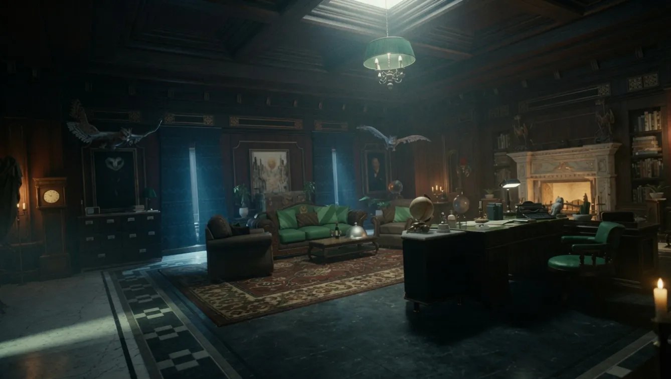 Bureau lambrissé éclairé à la lampe, chouettes en vol, en temps réel sous Unreal Engine