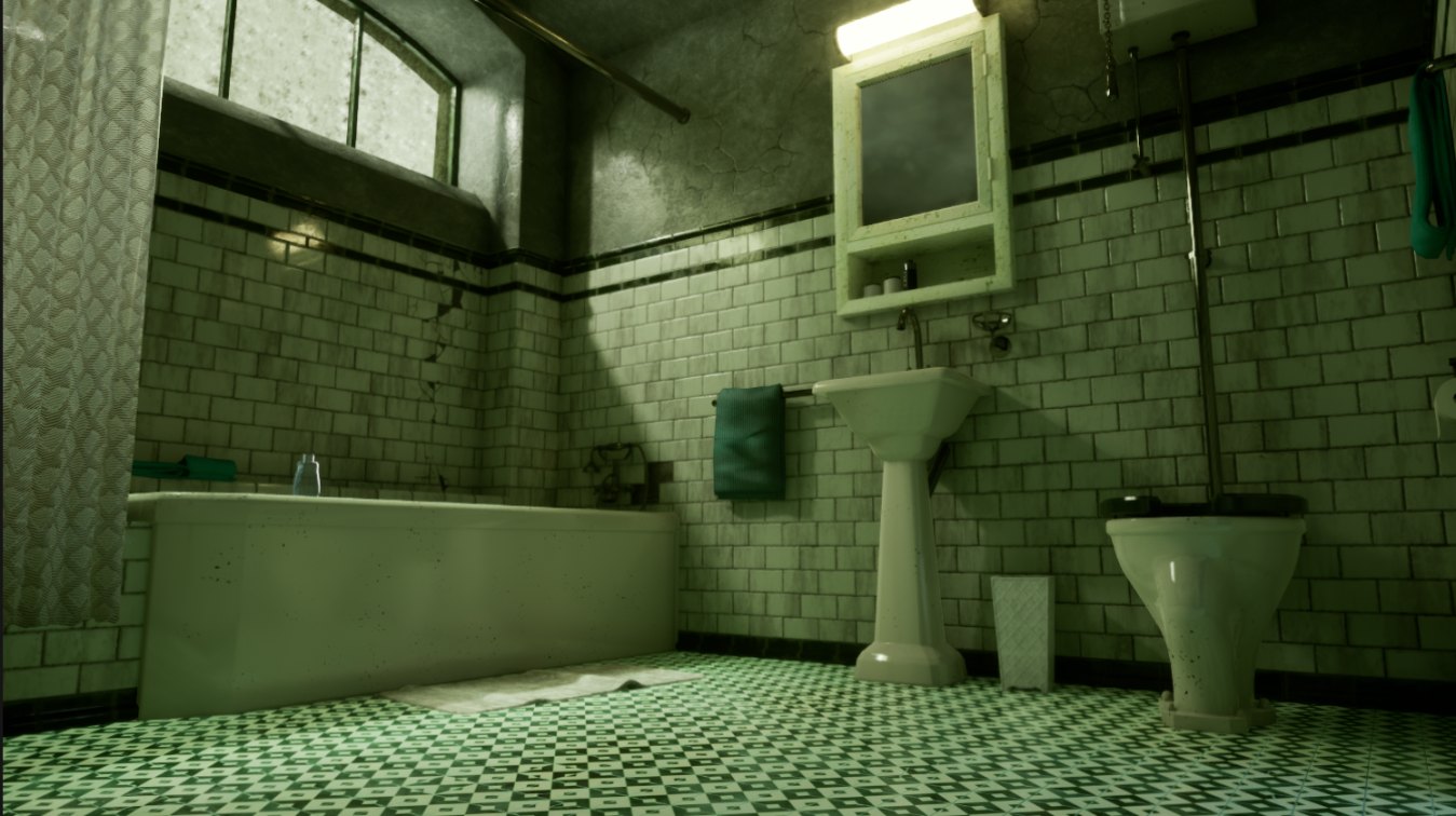 Salle de bains carrelée de vert, éclairée par une fenêtre en hauteur, en temps réel sous Unreal Engine